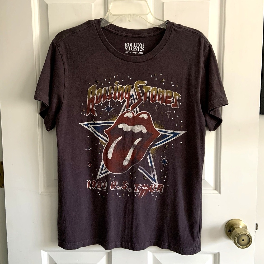 Lucky Brand Rolling Stones Embellished Star 1981 Tour T Shirt Gray Women sz S